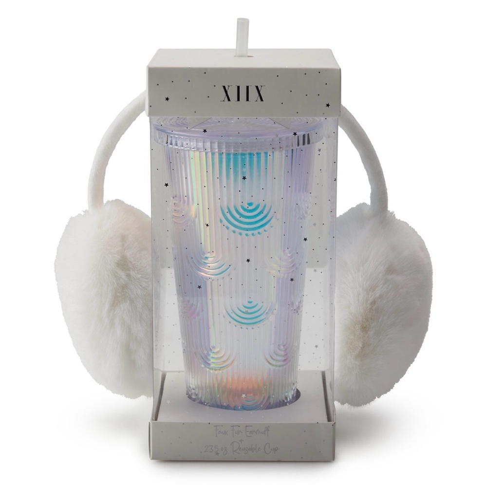 Woman’s Collection XIIX Cactus Design Tumbler & Earmuff Set - white, NWT